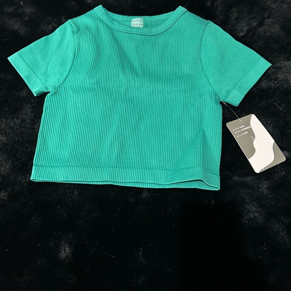 Love Poem Women Cropped Ribbed Tee Green Short Sleeve Y2K Trendy Fitted Top S/M